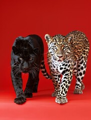 Black panther and leopard side by side on red.