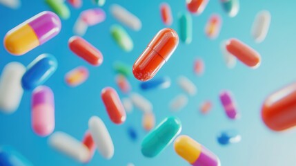 Close-up of colorful pills floating in mid-air