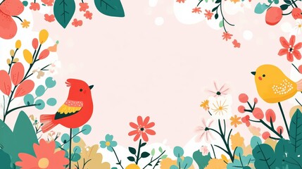 A vibrant floral background with two birds.