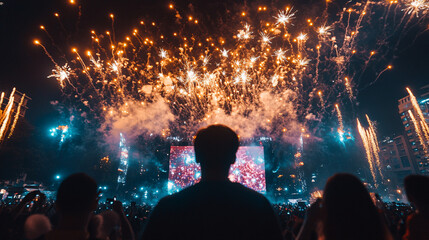 Photography of a countdown celebration with a giant LED screen at a New Year festival 