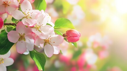 Close-up of delicate pink and white blossoms with green leaves against a soft blurred background.