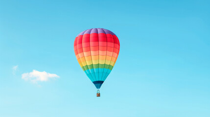 Naklejka premium Bright Multicolored Hot Air Balloon in Clear Blue Sky with Minimal Clouds - Adventure, Travel, and Summer Concept