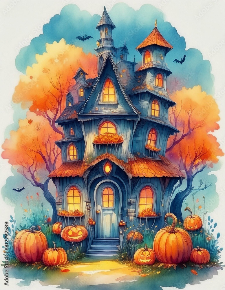 Sticker Halloween house with pumpkins in watercolor 