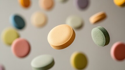 Close-up of colorful pills floating in mid-air