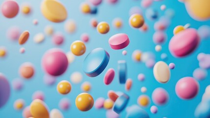 Close-up of colorful pills floating in mid-air