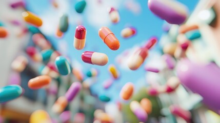 Close-up of colorful pills floating in mid-air