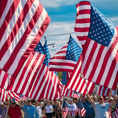 American flags raised for holiday celebrations ai generated image.