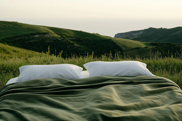 A bed with olive sheets amidst a green meadow. Concept of healthy sleep in the fresh air, quality and natural bedding.  Bed advertisement. 