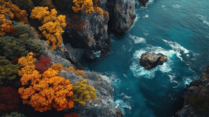 Vibrant autumn colors contrast with deep blue waves, showcasing rugged cliffs and serene waters during a tranquil morning