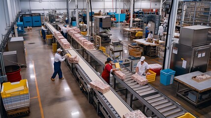food processing plant with conveyor belts, machines, and workers packaging