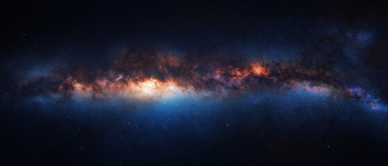Obraz premium Stunning panoramic view of a galaxy showcasing vibrant colors and a gradient of stars against a deep space backdrop.