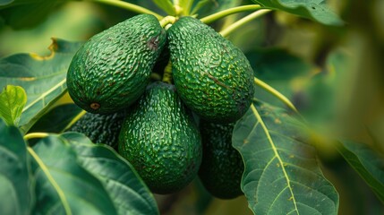 Avocado plant with fruit closeup view in plantation farm field