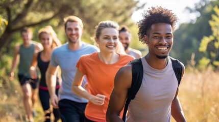 Fototapeta premium group of friends participating in a charity walk or run, combining physical activity