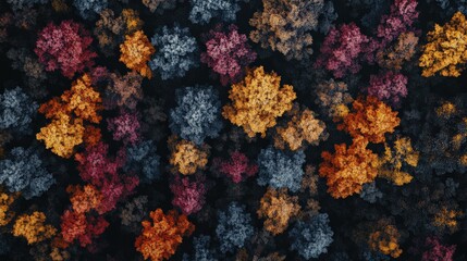 Stunning aerial perspective reveals a tapestry of colorful autumn foliage covering a dense forest area, showcasing vibrant shades of orange, red, and blue