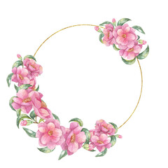 Camellia japonica watercolor clipart featuring a gold-lined circle frame adorned with pink flowers and green leaves. Perfect for wedding stationery, social media posts, and elegant designs