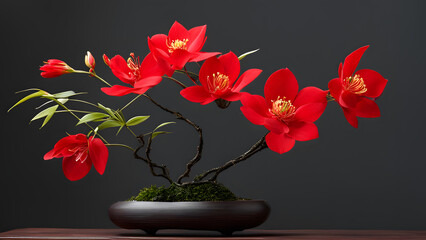 A vase of red flowers sits on a table