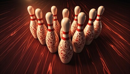 Artistic Bowling Pins with Glowing Red Swirls