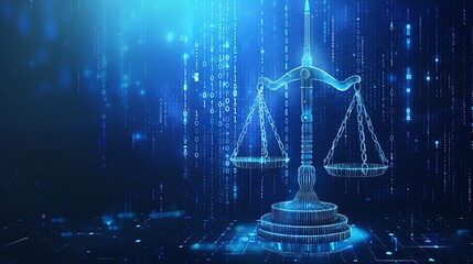 Digital illustration of scales of justice with binary code background, symbolizing cyber justice and technology
