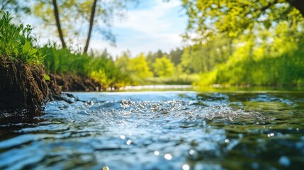 Obraz premium Clear water flows rapidly in a sunny forest stream during a bright summer day.