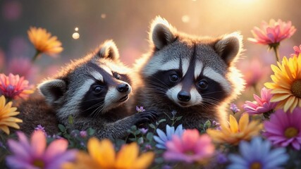 Obraz premium Adorable Baby Raccoons Among Colorful Flowers