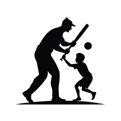 A black silhouette illustration of a man and child playing baseball or cricket, with the man guiding the child on batting technique. This design showcases family bonding and outdoor sports activities,