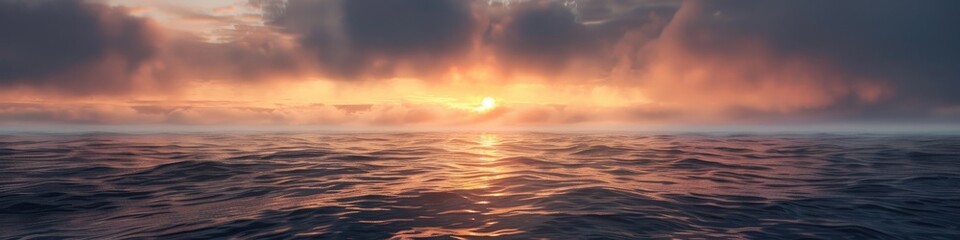 Fototapeta premium Serene ocean sunrise with sun peaking through low clouds casting a pastel glow