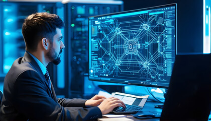 Cybersecurity Expert Analyzing Data on Large Monitor in Server Room