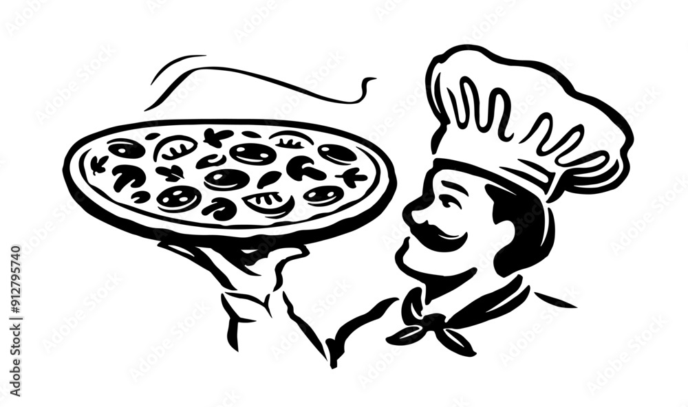 Sticker chef with pizza tray in hand emblem. italian food, restaurant or pizzeria logo vector illustration