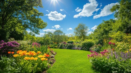 Obraz premium Lush green lawn surrounded by vibrant blooming flower beds and trees under a bright blue sunny sky in a beautiful park.