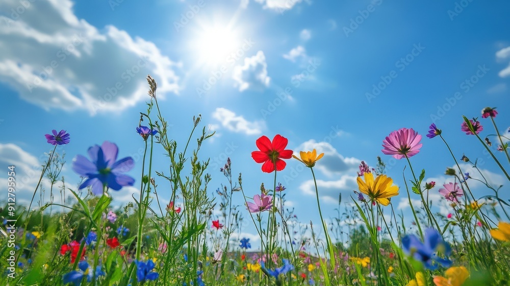 Poster A field of colorful wildflowers reach for the sun on a bright summer day.