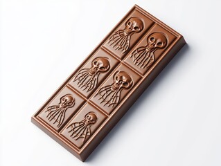 Fototapeta premium Designer chocolate bar with embossed skeleton and spider web motifs, Halloween, High-end treat