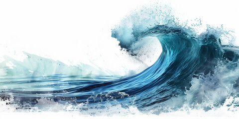 Close up detail of powerful teal blue wave breaking in open ocean on a white background
