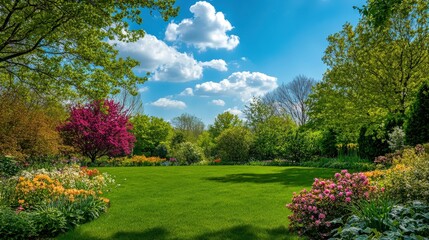 Lush green lawn surrounded by vibrant pink, yellow, and white flowers and trees under a blue sky.