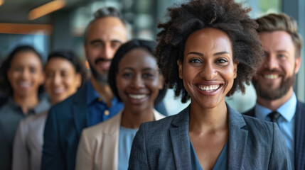 Obraz premium Diverse business team with a focus on a confident woman leader smiling, representing teamwork and corporate success.