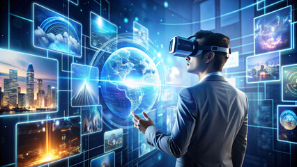 business person wear VR glasses and looking a digital worlds