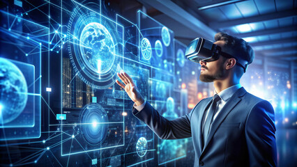 business person wear VR glasses and looking a digital worlds
