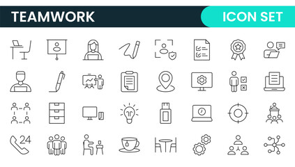 Teamwork linear icons collection. Set of coworking space icons. Business teamwork, team building, work group, and human resources minimal thin line web icon set.
