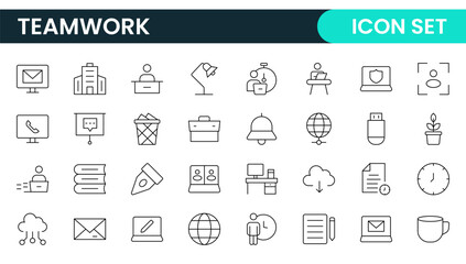 Teamwork linear icons collection. Set of coworking space icons. Business teamwork, team building, work group, and human resources minimal thin line web icon set.