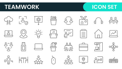 Teamwork linear icons collection. Set of coworking space icons. Business teamwork, team building, work group, and human resources minimal thin line web icon set.