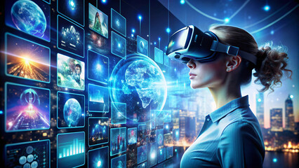 business person wear VR glasses and looking a digital worlds