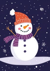 Naklejka premium Cheerful Snowman Wearing Orange Hat and Purple Scarf on Snowy Evening