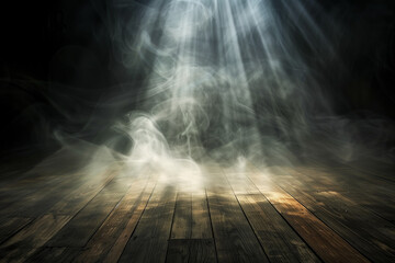 Mystical Light Rays Dancing on a Wooden Floor in a Dark, Ethereal Atmosphere Capturing the Movement of Smoke and Shadows