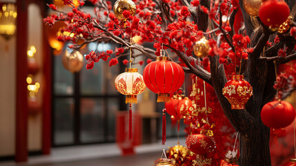 A beautifully decorated Chinese New Year tree with red lanterns, gold ornaments, and auspicious symbols 