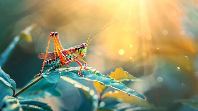 Sunlit Grasshopper Perching on Green Leaves