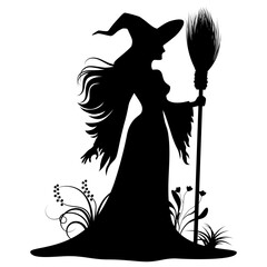 Silhouette Witch waits for something, beautiful weed on the ground. Vector illustrations.