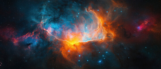 Vibrant cosmic nebula with fiery orange and blue hues, showcasing the beauty of space and stellar creation. Ideal for astronomy themes.