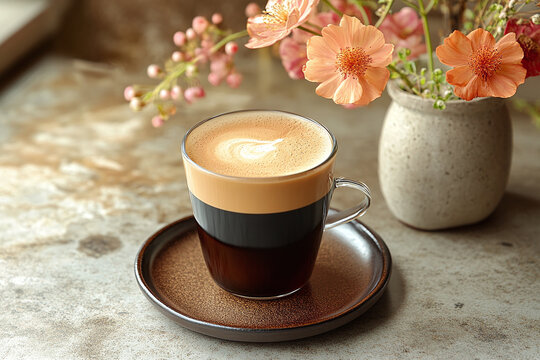 A long black coffee with a rich crema on top, served in a minimalist cafe.