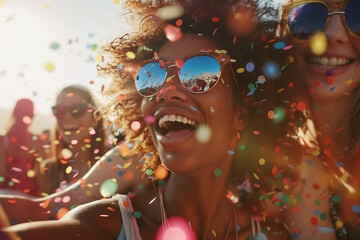 A group of friends enjoying a vibrant outdoor festival under the sun, with colorful confetti flying around, joyful expressions, and reflections of the lively atmosphere in their sunglasses