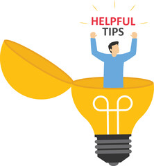 Smart businessman holding lightbulb ideas balloon telling helpful tips. Helpful tips for business, useful ideas or smart trick to success, advice or suggestion information for improvement concept.

