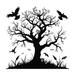 Spooky Tree with Birds and Bats Silhouette